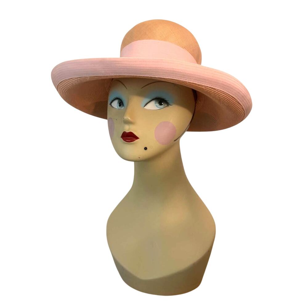 Vintage Wide Brim Straw Hat Pink Trim Bow Elegant Ladies Statement Church Hat - Picture 3 of 6